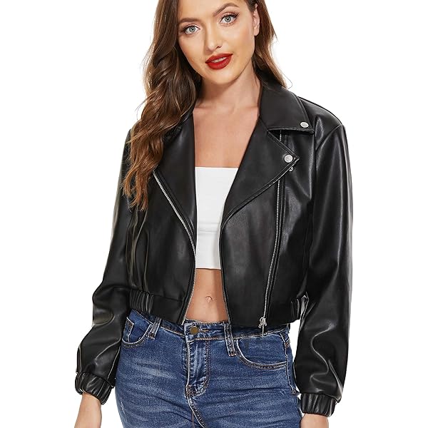 MakeMeChic Women's Casual Faux Leather Cropped Jacket Zip Up Long